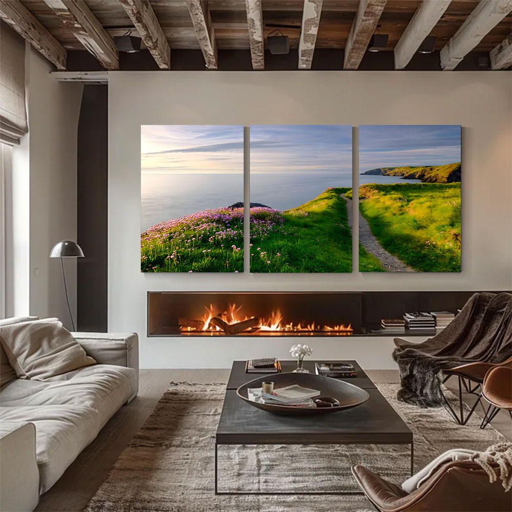 3-Piece Set Coastal Green Cliff Path With Flowers Canvas Art