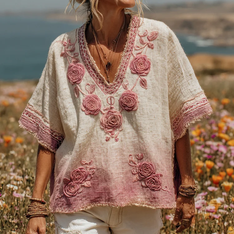 Utbros Women's Pink Rose Embroidery Print V-neck Linen Blend Loose T-shirt