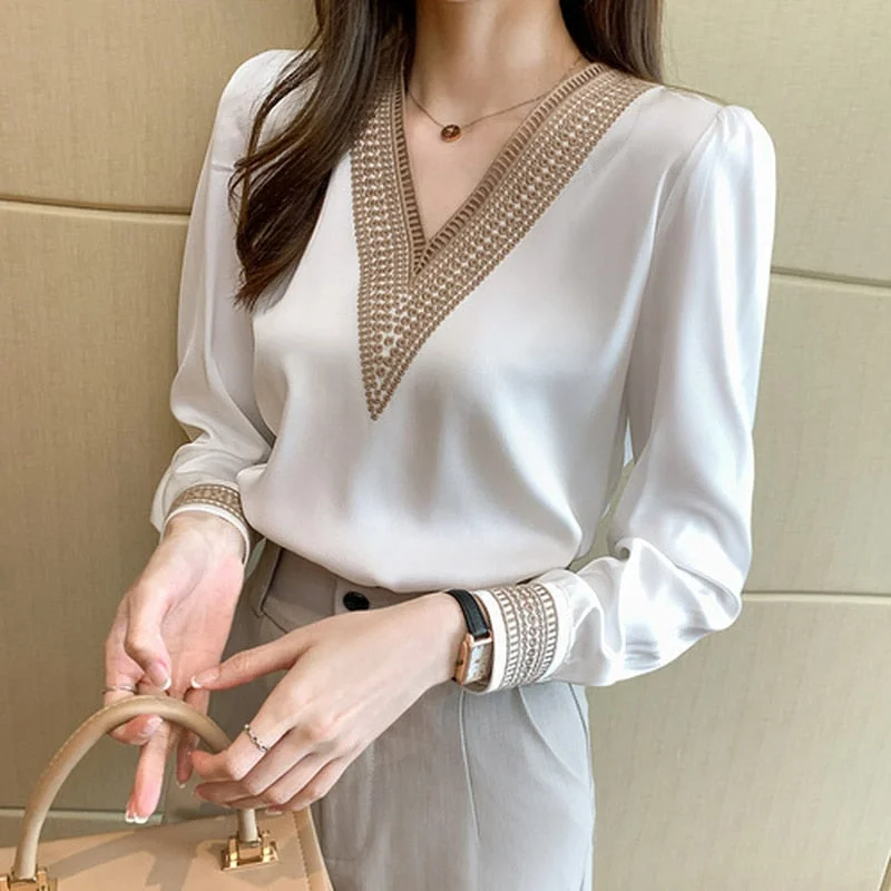 Embroidery Long Sleeve White lace Blouses Women Tops Summer V-Neck Loose Chiffon Blouse Shirt Blusas Mujer De Moda 2021 13366