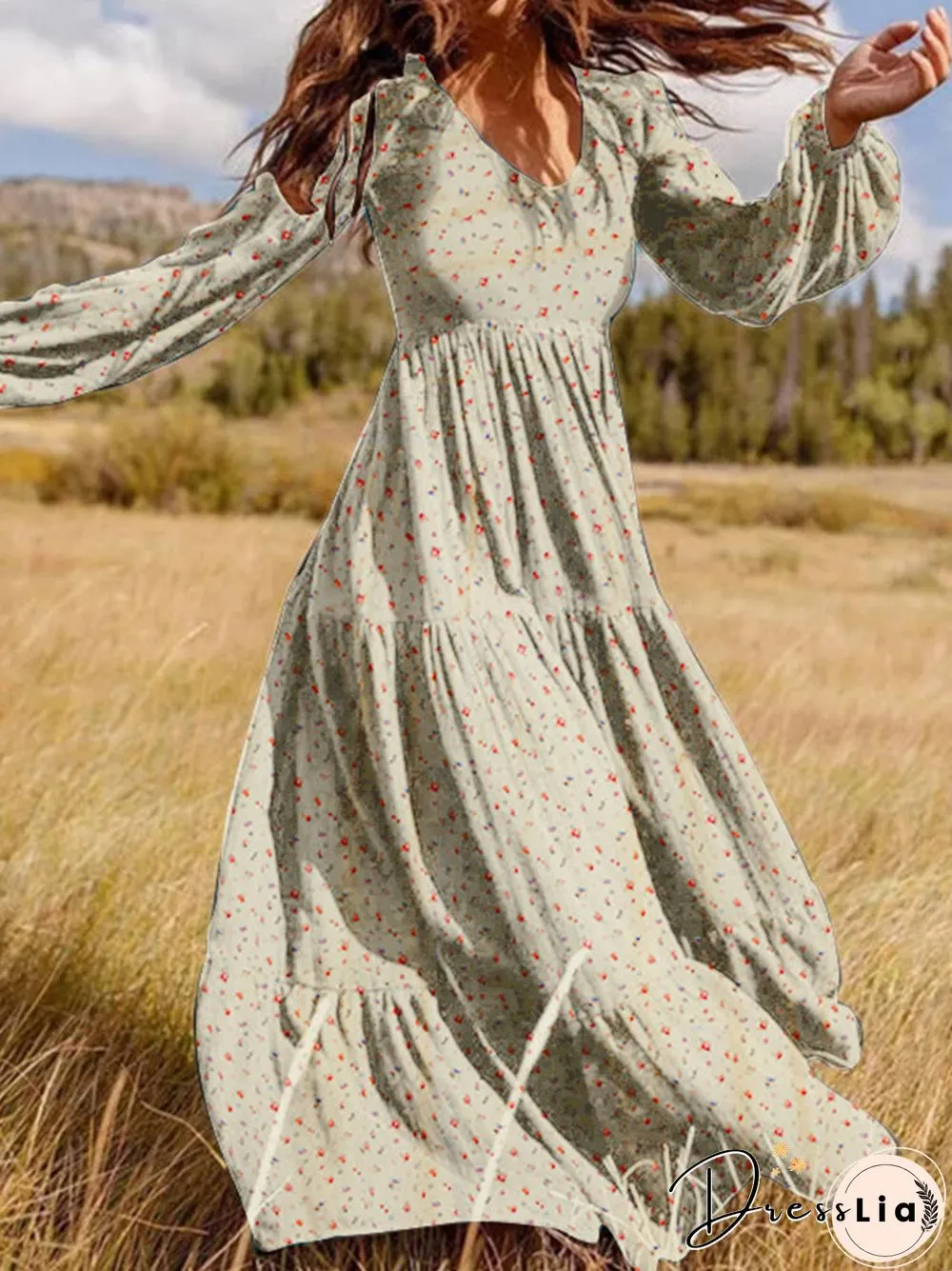 Floral Print Long Sleeves V-neck Casual Dress for Women