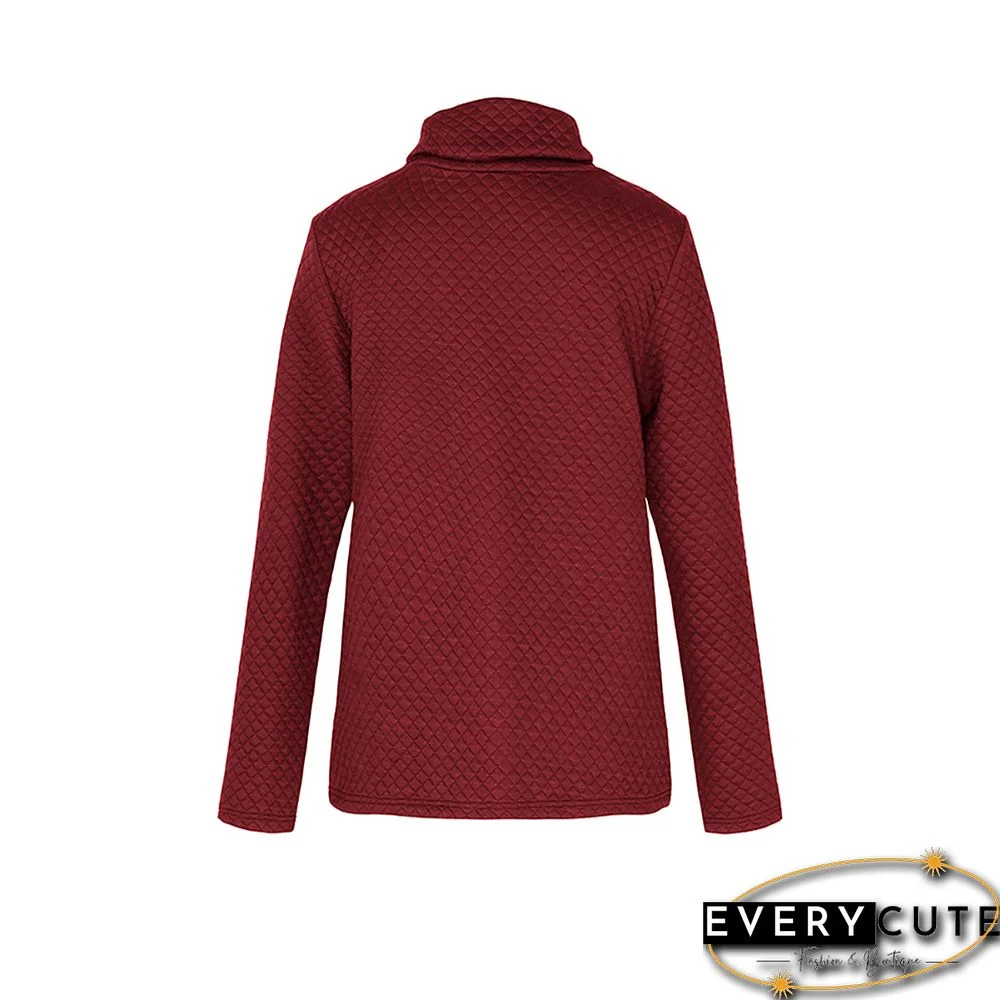 Wine Red Button Detail High Collar Sweatshirt