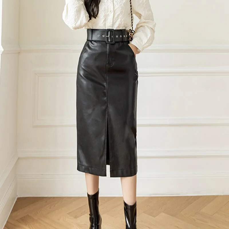 Uforever21  Belted Black PU Leather Skirt Women Midi  High Waist Bodycon Split Skirt Office Pencil Skirt Front Split Plus Size