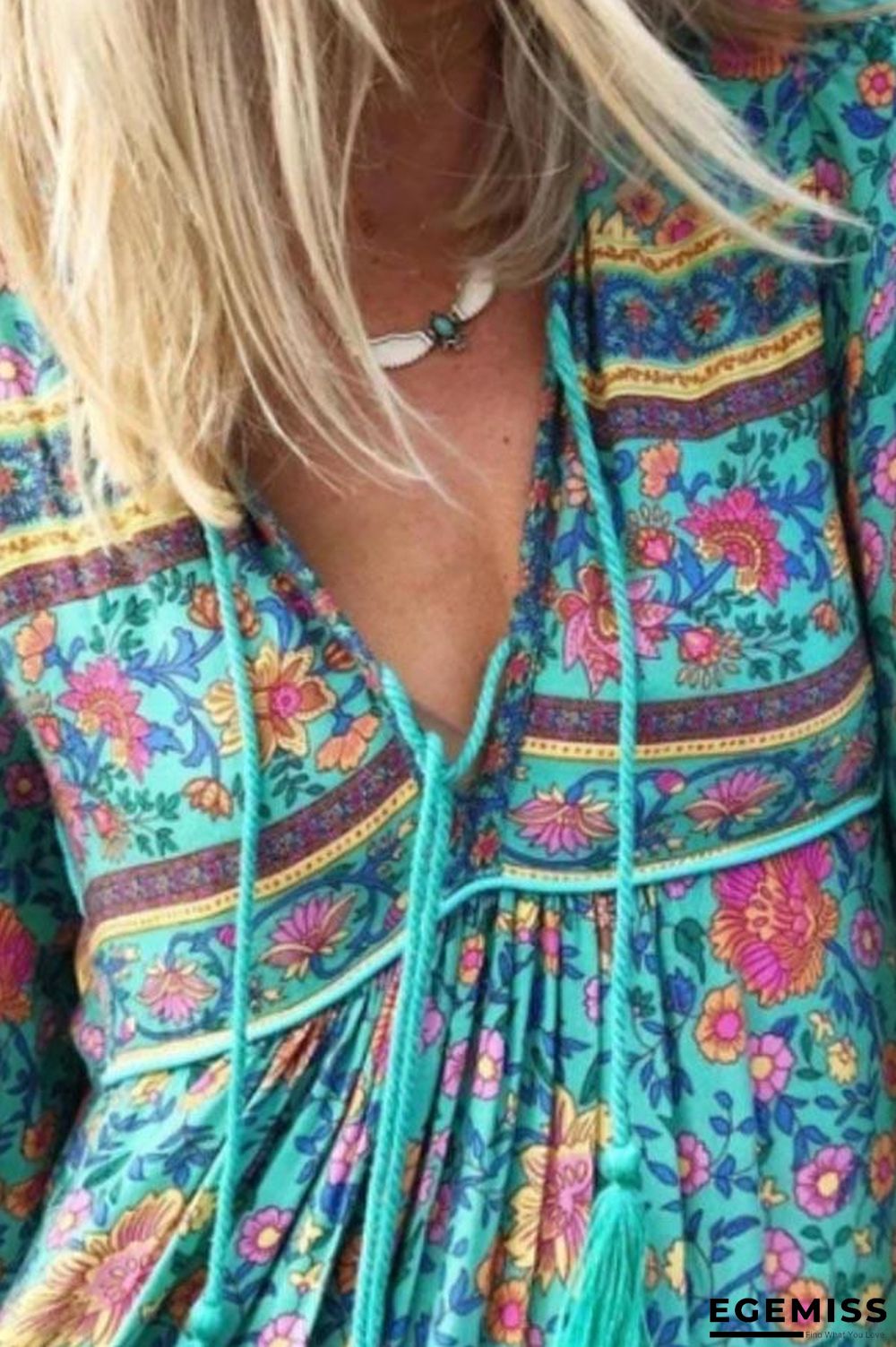 Bohemian Floral Print V-neck Balloon Sleeves Holiday Midi Dress | EGEMISS