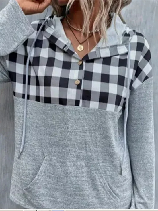 Women's Stitching Plaid  Printed V-Neck Long Sleeve Top