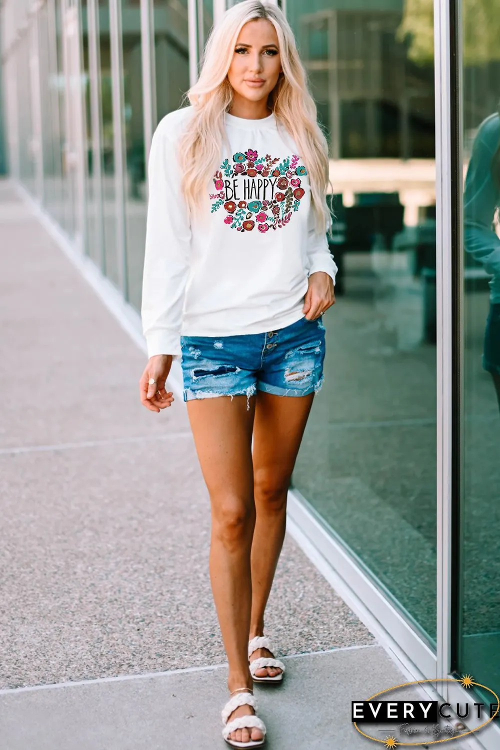 White Be Happy Floral Print Crewneck Long Sleeve Top