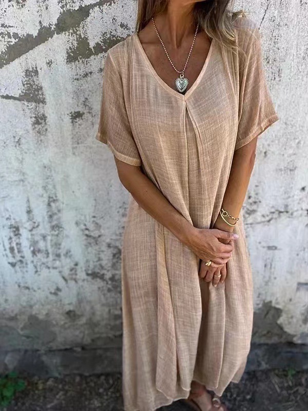 Mature Women's Fashion Temperament Cotton Linen V-neck Semi-formal Dress