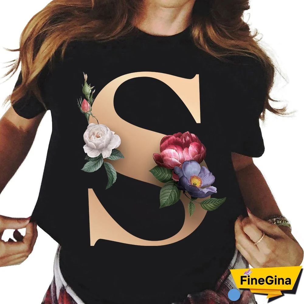 Custom Name Letter Combination T-shirt 26 FloralAlphabetFontClassicTShirt Fashion Harajuku Kawaii TShirt Women Top Tees