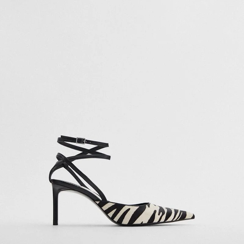 LMCAVASUN Zebra Pattern Strap Pointed Toe Sandals Shoes Women Thin High Heels Sexy Pumps Party Dress Shoes Slingback Sandal