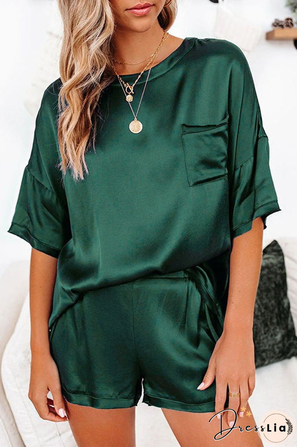 Satin Short Sleeve Two Piece Sets