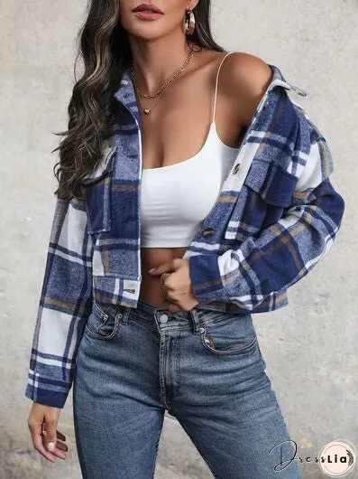 Plaid Button Up Drop Shoulder Cropped Jacket