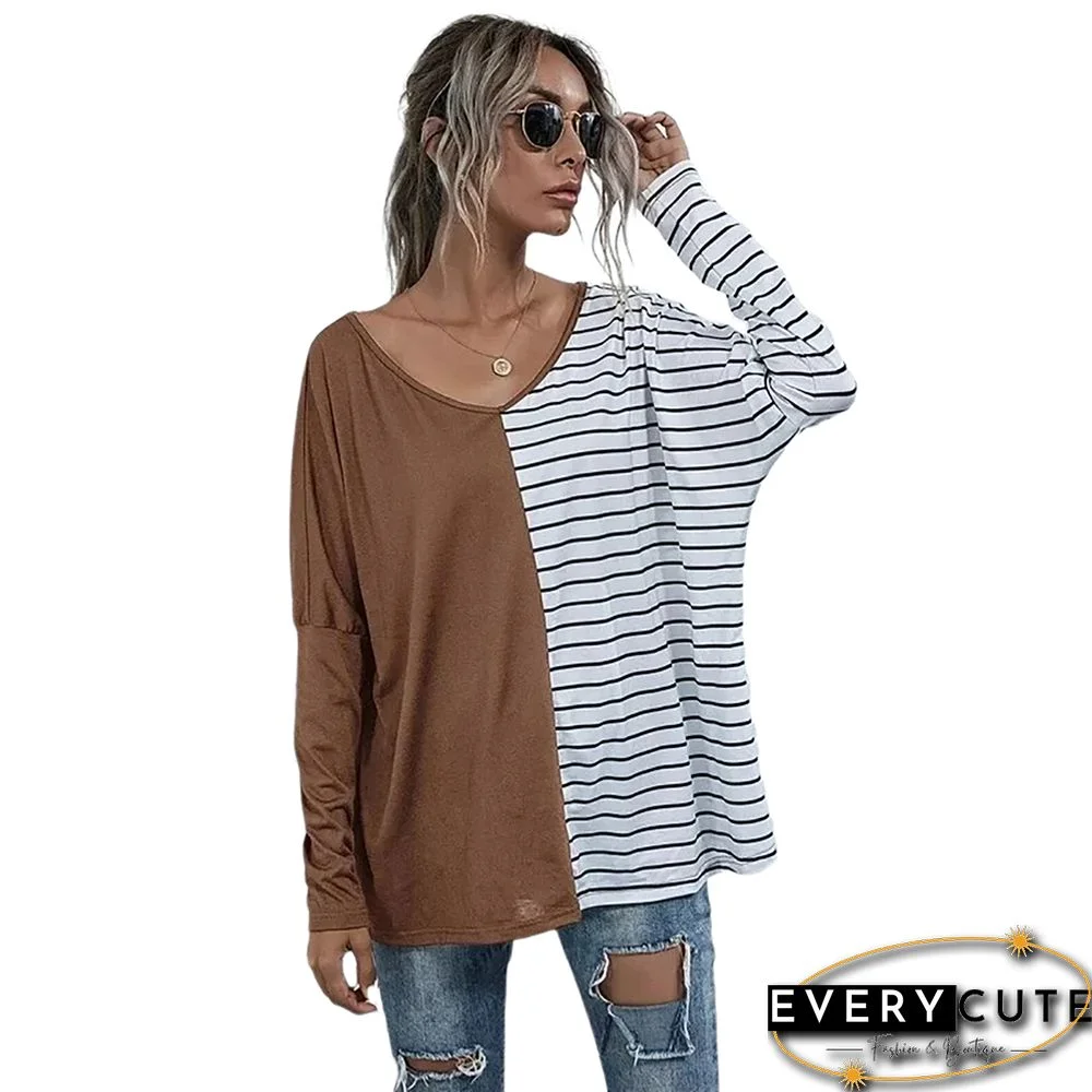 Khaki Stripe Contrast Long Sleeve Tops