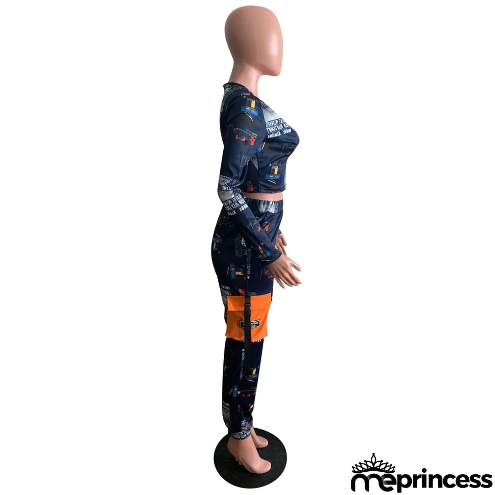 Womens Sexy Letter Print Long Sleeve Top and Pant Two Piece Set