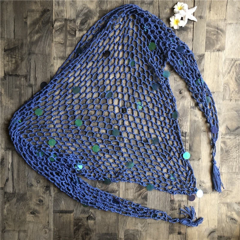 Fitshinling Sequined handmade crochet mesh beach cover up cape swimwear lace sexy hot fringe outerwear bohemian strappy cover-up