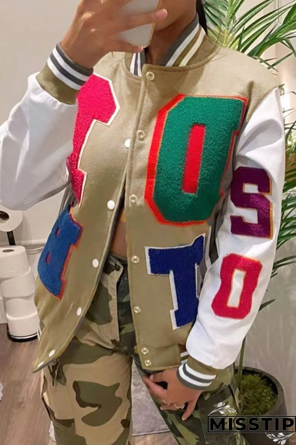 Blue Casual Letter Patchwork Contrast Turn-back Collar Outerwear