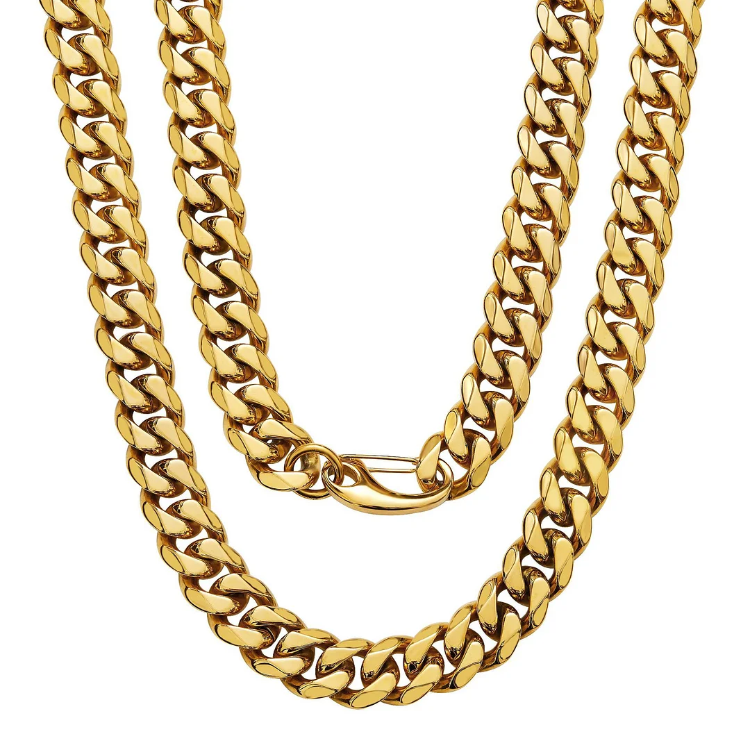 Gold Tone Titanium Stainless Steel Hip Hop Miami Chain Curb Cuban Link Rapper Necklace With Tail 15mm Size