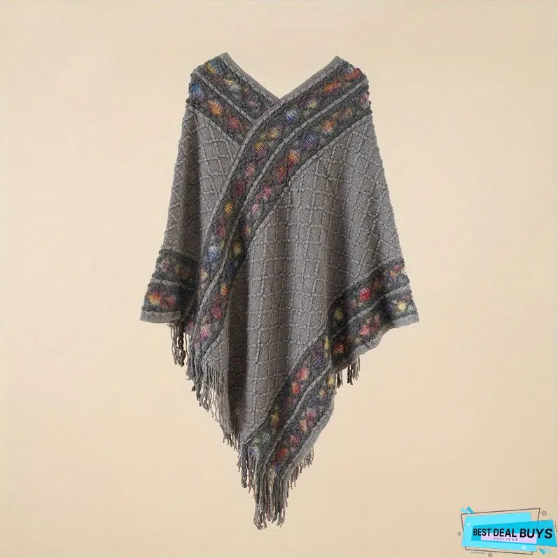 Pullover Woven Shawl Large Warm Fringed Shawl Wrap Windproof Shawl Cape For Casual Outdoor