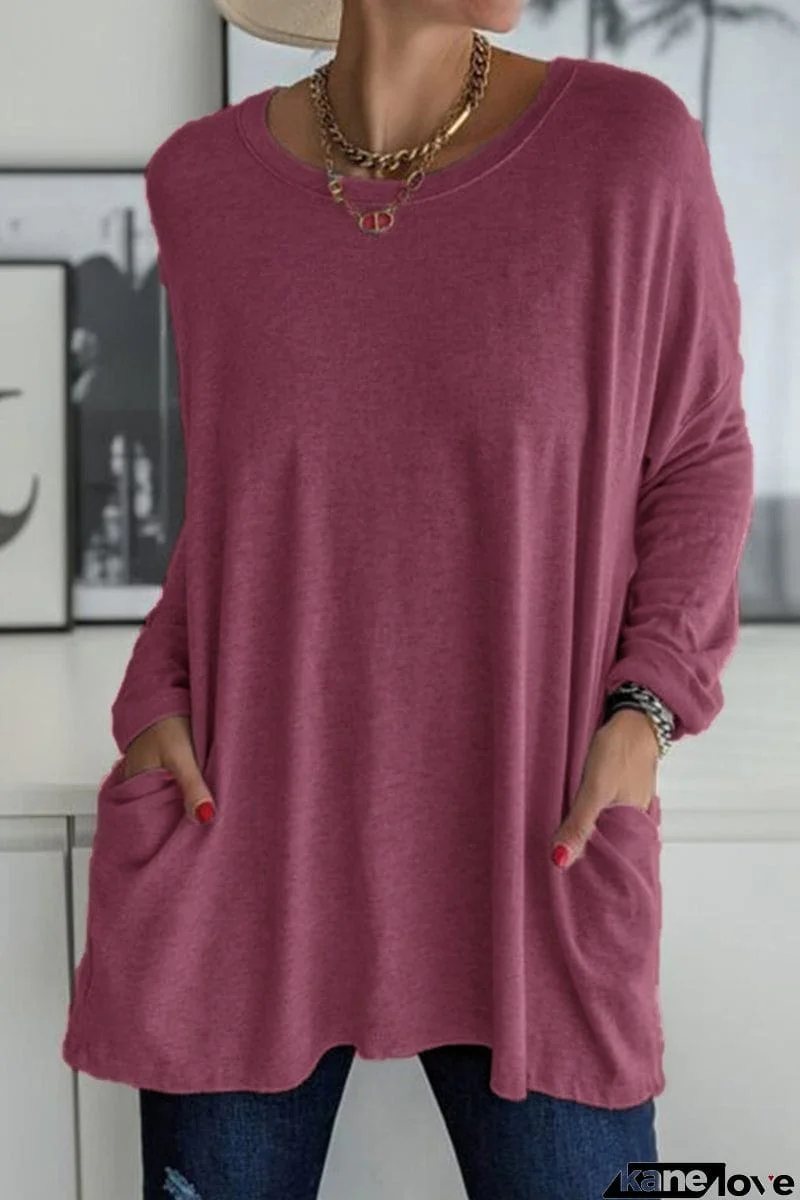 Casual Solid Patchwork Pocket O Neck Tops(13 Colors)