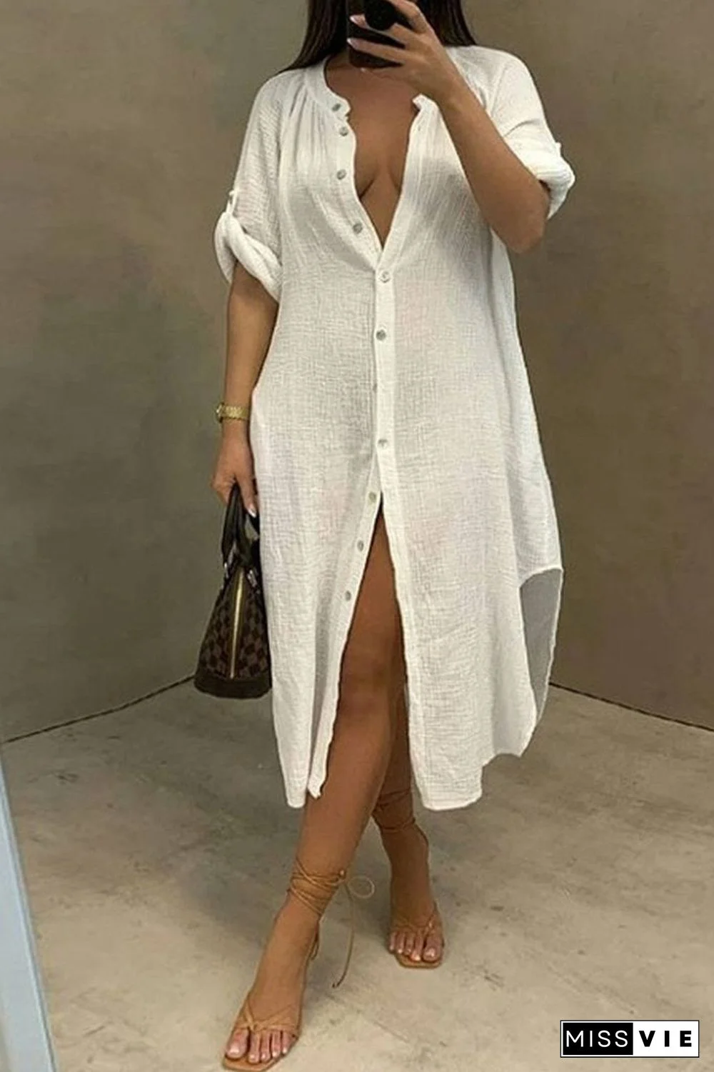 Solid Color Round Neck Button Up Dress