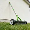 Thatch Rake with Wheels Steel Metal Dethatcher Rake with Adjustable Handle for Cleaning Dead Grass Loosening Soil Lawn Care