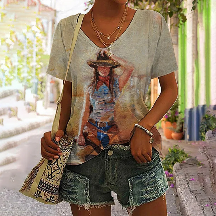 Vintage Cowgirl Print Short Sleeve Casual T-Shirt