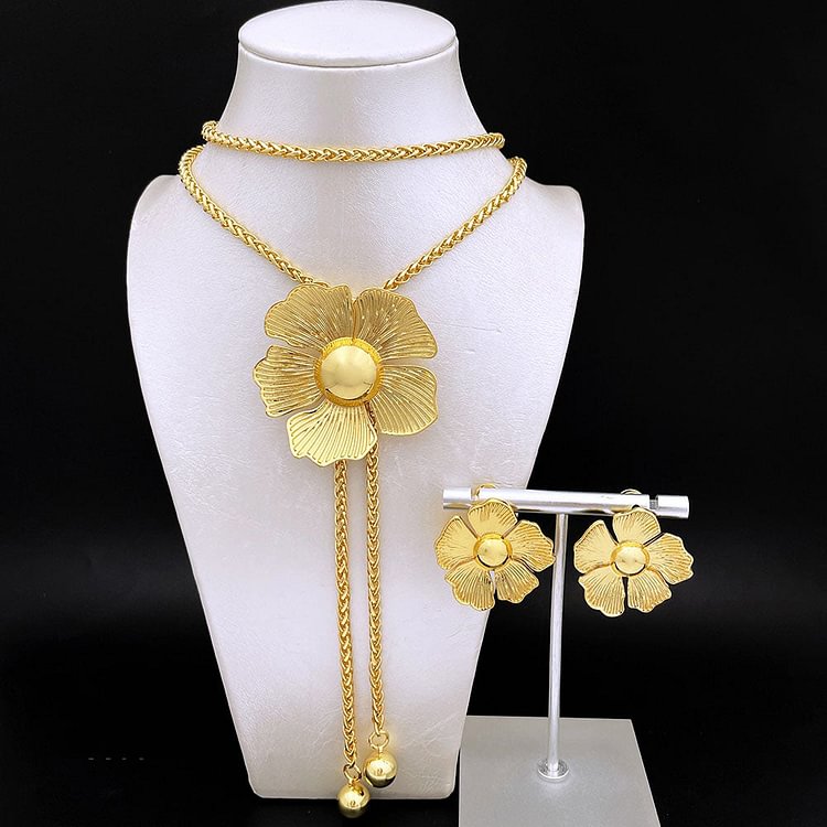 Long Necklace With Imitation Pearls Adjustable Pendant Necklace Round Earrings Dubai Gold Jewelry Sets