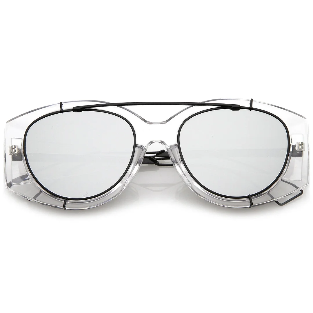 Futuristic Translucent Wire Metal Arms Crossbar Mirrored Flat Lens Oversize glasses 53mm