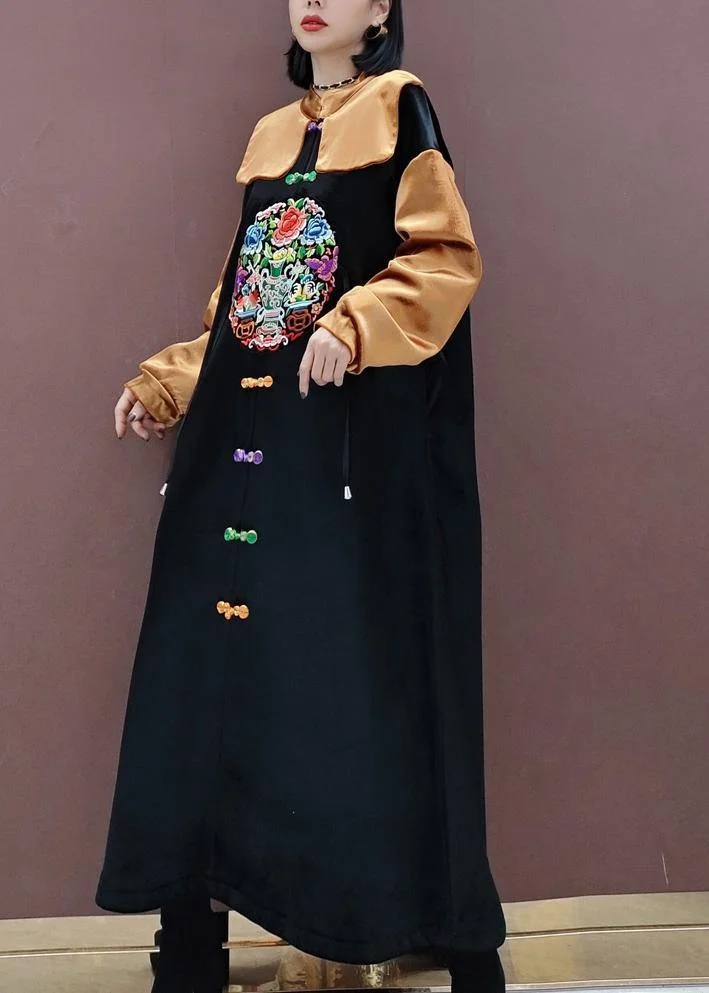 French Black Embroidery Tunic Stand Collar Patchwork Plus Size Spring Dresses