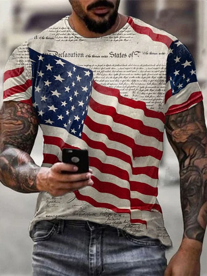 Men's Independence Day American Flag Print Crew Neck T-Shirt socialshop