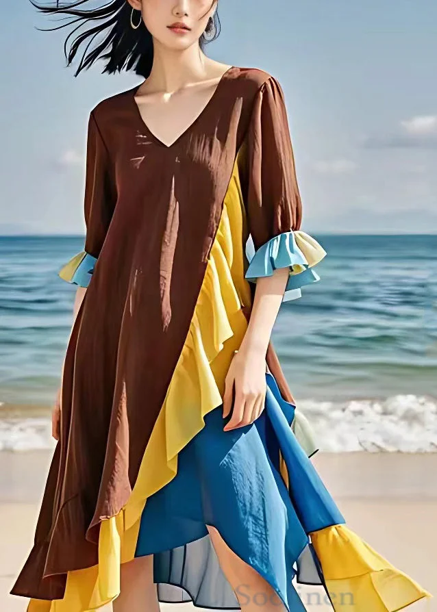 Pre sale - shipping in 30 days/New Brown V Neck Chiffon Patchwork Dress Flare Sleeve