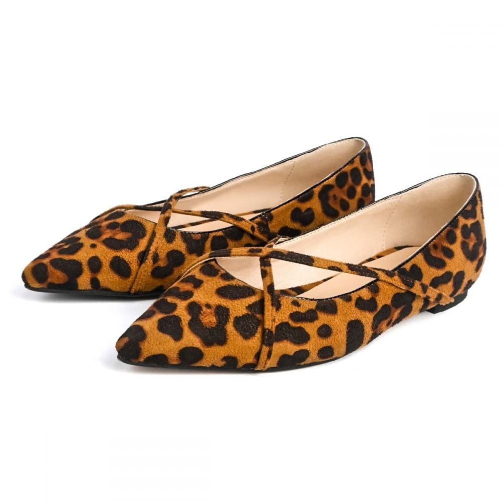 Women's Brown Toe Suede Leopard-print Flats Nicepairs
