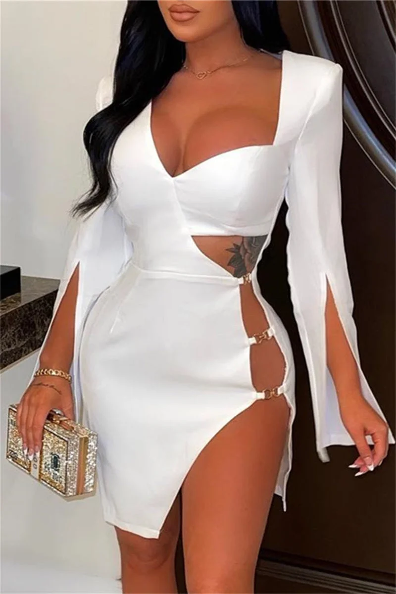 Sexy Solid Hollowed Out Slit V Neck Long Sleeve Dresses