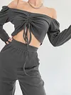 Sexy V-Neck Long Sleeve Drawstring Top&Wide Leg Pants Casual Suit