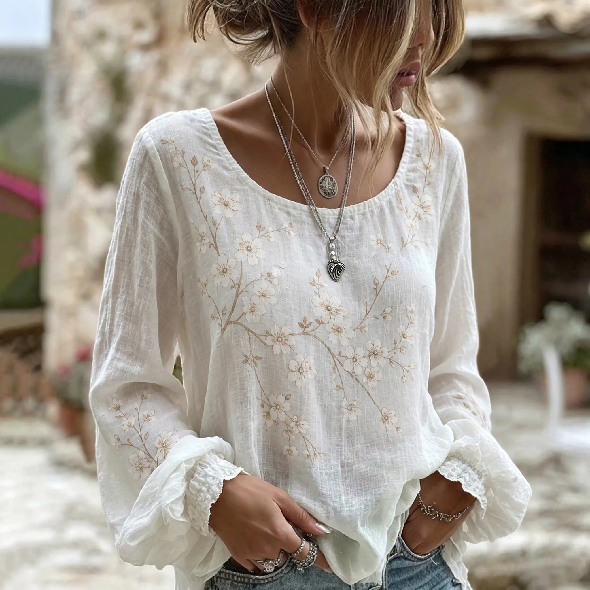 Women's Japanese Sakura Print Crew Neck Linen Blend T-shirt elevenforest