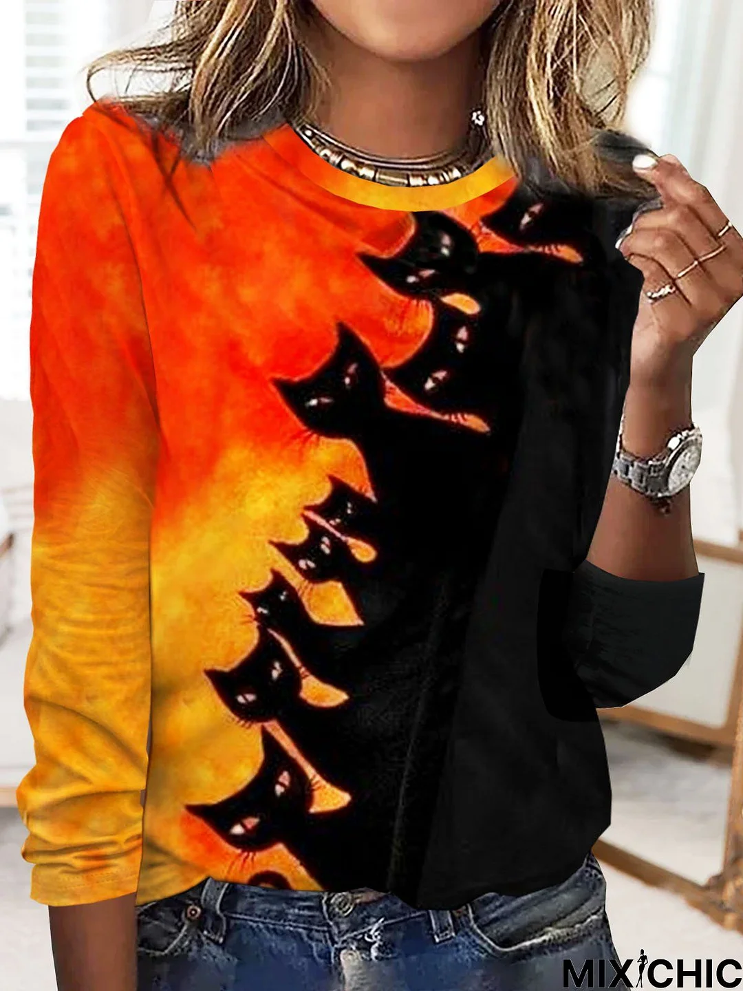 Halloween Printed Crew Neck Casual Long-sleeve T-shirt