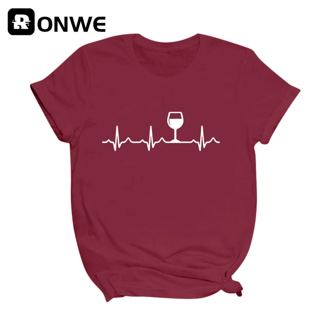 Wine Heartbeat Printed Short Sleeve Black Women T-shirt Girl Vintage Tops Tee Female Harajuku Clothing Streetwear,Drop Ship
