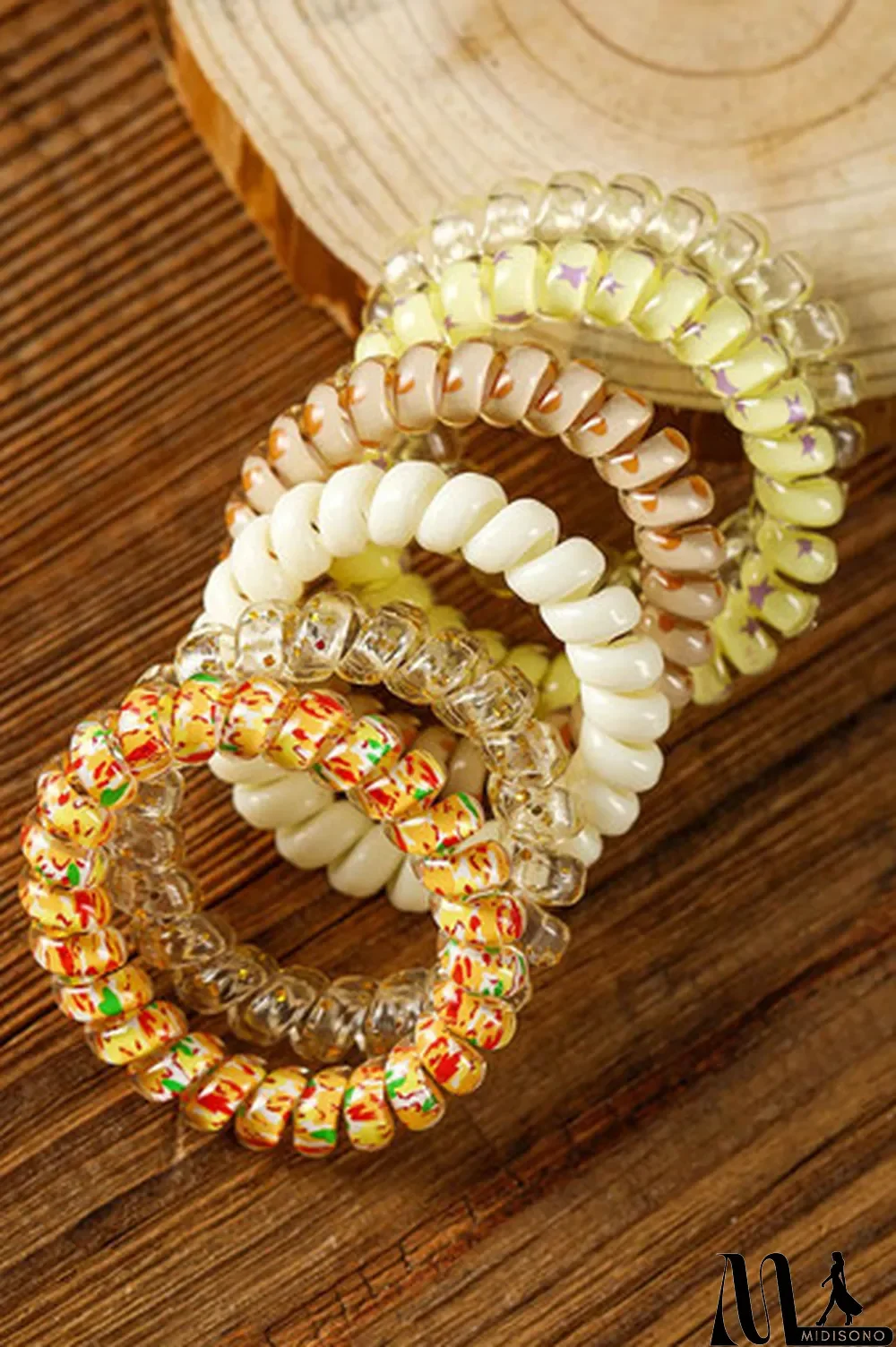 MidiSono - Yellow Cream Cute Gradient Starry Dotty Coil Wire Hair Tie Set