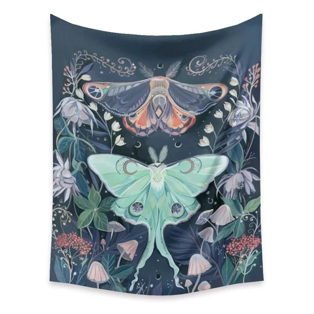 Bee Butterfly Flower Plant Tapestry Wall Hanging Black Background Cloth Moon Sun Tapestry For Farmhouse Decoration tapestry