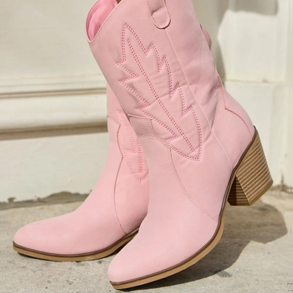 Cute Pink Snip Toe Block Heel Mid-Calf Embroidered Cowgirl Boots Nicepairs
