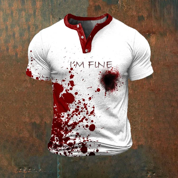 Broswear Men's Bloodstain I'm Fine Print Henley Shirt