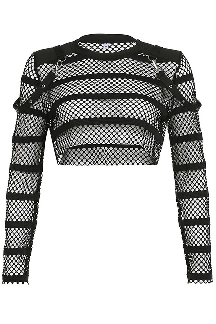 Gothic Black Party Hollow Out See-through Patchwork Straps Long Sleeve Blouse