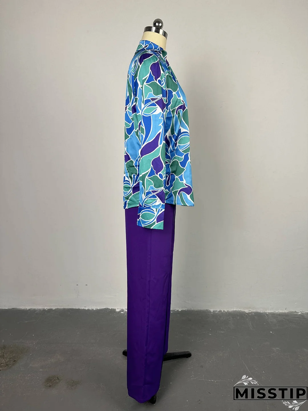 Women Chic printed long-sleeved shirt and wide-leg trousers Casual two-piece set