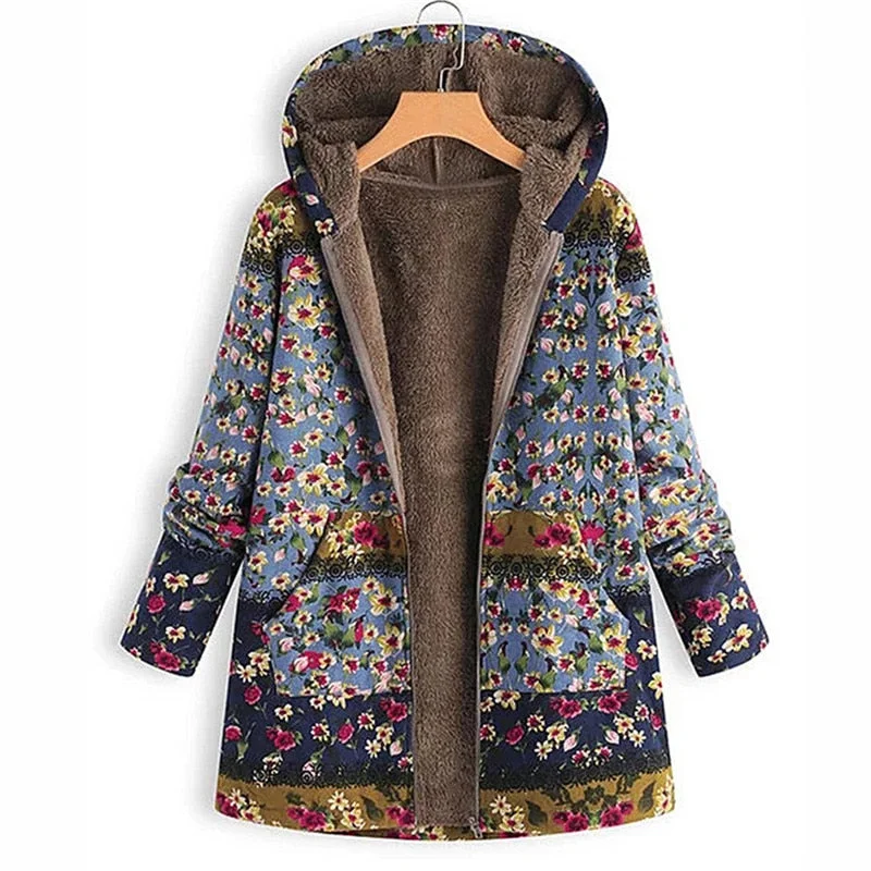 2021 Autumn Winter Women Warm Coats Vintage Plus Size Casual Printed Hooded Outwear Fashion Long Sleeve Zipper Jackets