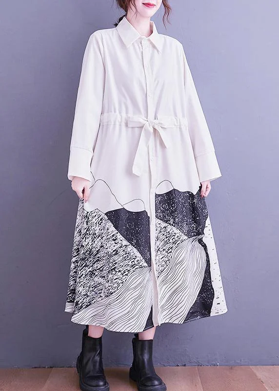 Loose White Abstract pattern Tunic Dress Lapel Tie Waist Long Dress