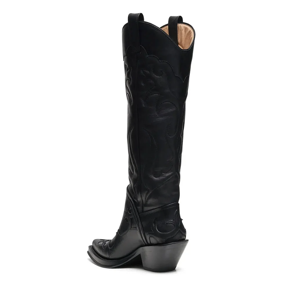 Black Pointed Toe Knee High Cowboy Boots for Women with Stitching