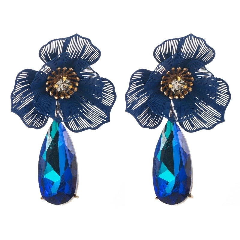 1 Pair Casual Vacation Classic Style Water Droplets Flower Inlay Alloy Rhinestones Glass Silver Plated Drop Earrings