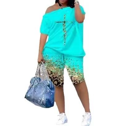 Uveng Uveng Summer One-Line Shoulder Print Short-Sleeved T-Shirt, Pleated Shorts, Women's Suit