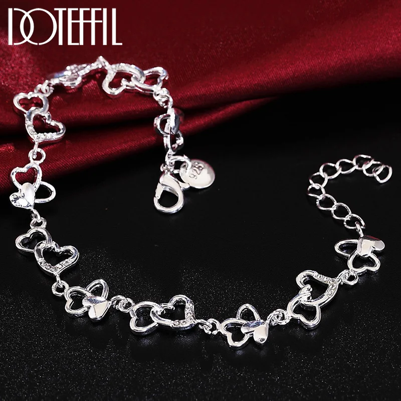 DOTEFFIL 925 Sterling Silver FULL Heart AAA Zircon Chain Bracelet For Women Jewelry