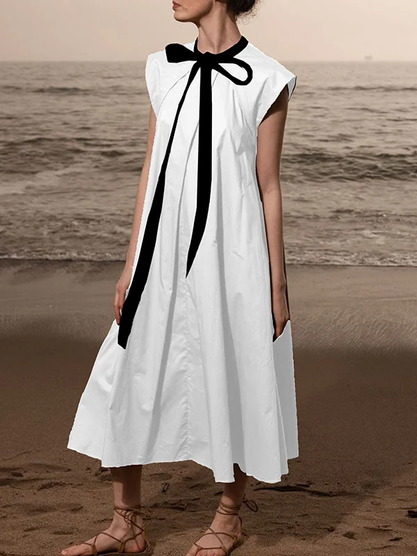 A-Line Loose Solid Color Split-Side Tied Waist Round-Neck Mini Dresses Sweater Dresses