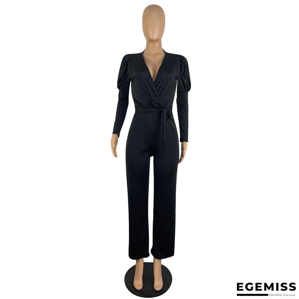 Autumn and Winter Solid Color V-neck Bubble Sleeve Personalized Casual Wide Leg Jumpsuit | EGEMISS