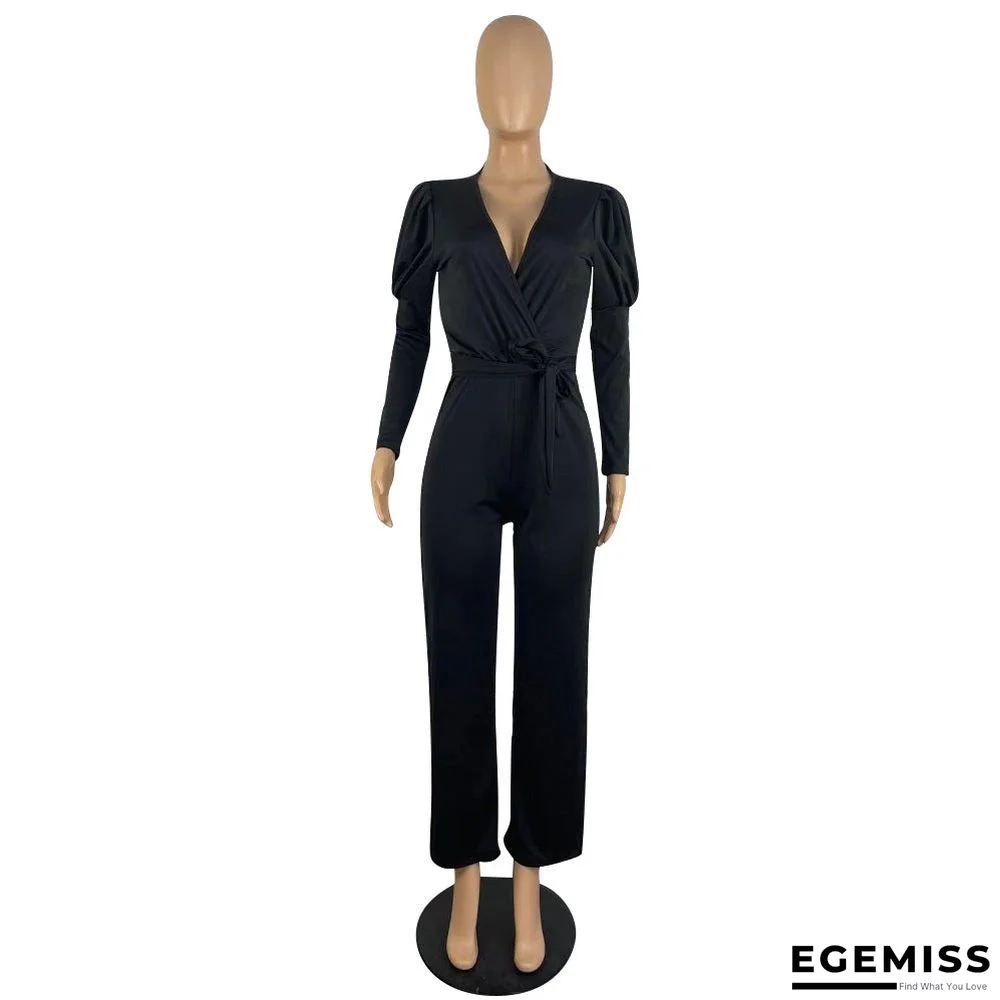 Autumn and Winter Solid Color V-neck Bubble Sleeve Personalized Casual Wide Leg Jumpsuit | EGEMISS